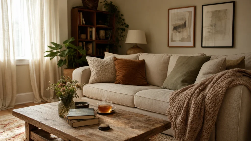Créer une ambiance cosy chez soi pour réussir un rendez-vous à la maison Cozy living room with a beige sofa, textured pillows, and a chunky knit blanket, a rustic wooden coffee table, plant, and framed wall art.