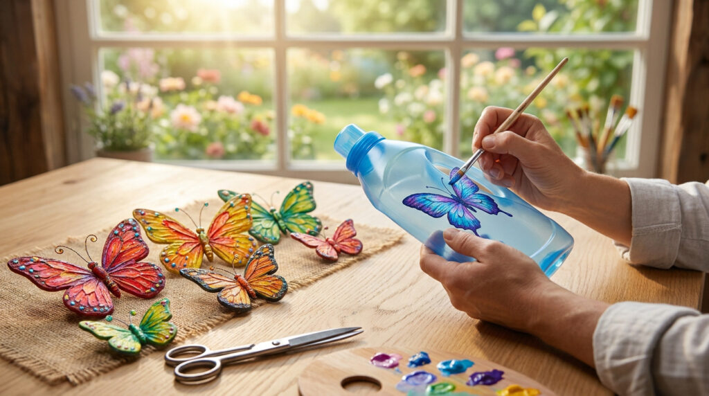 Comment fabriquer un papillon en flacon de lessive Une personne peint un papillon sur un flacon de lessive bleu recyclé, entourée d'autres papillons décoratifs.