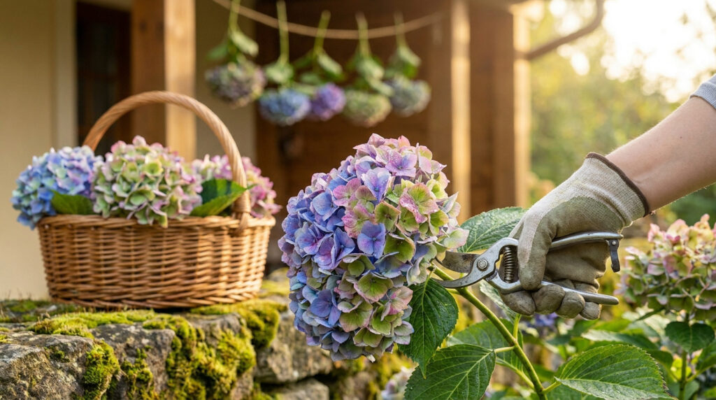 Quand couper vos hortensias pour un séchage réussi ? Main gantée utilisant un sécateur pour couper une fleur d'hortensia colorée avec un panier et des fleurs suspendues.