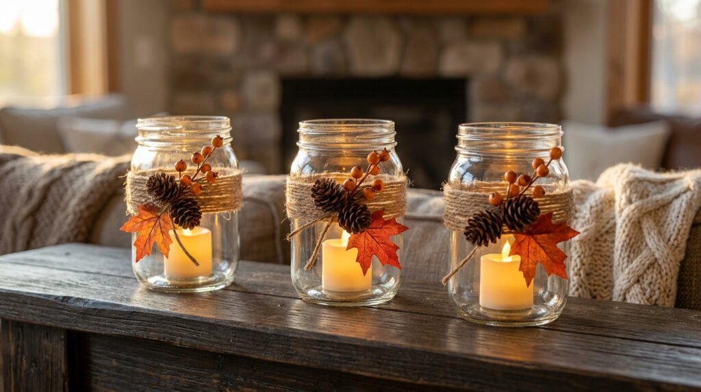 Créez un photophore bocal automne par le recyclage créatif Trois photophores en bocal avec feuilles d'automne, pommes de pin et bougies LED sur une table en bois.