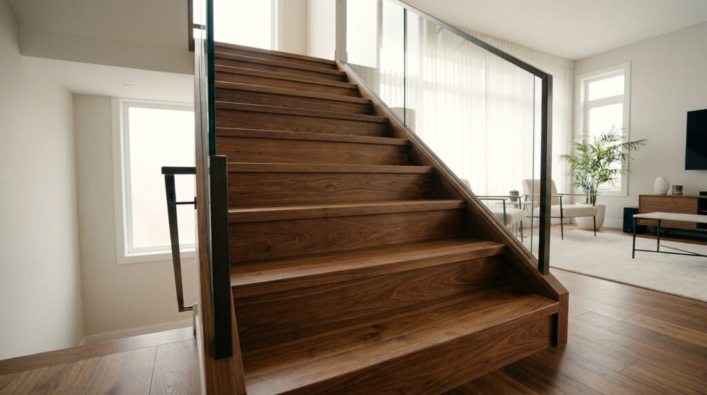 Tout savoir sur l’habillage d’escalier en bois sur mesure Escalier en bois sombre avec garde-corps en verre dans un intérieur moderne et lumineux.