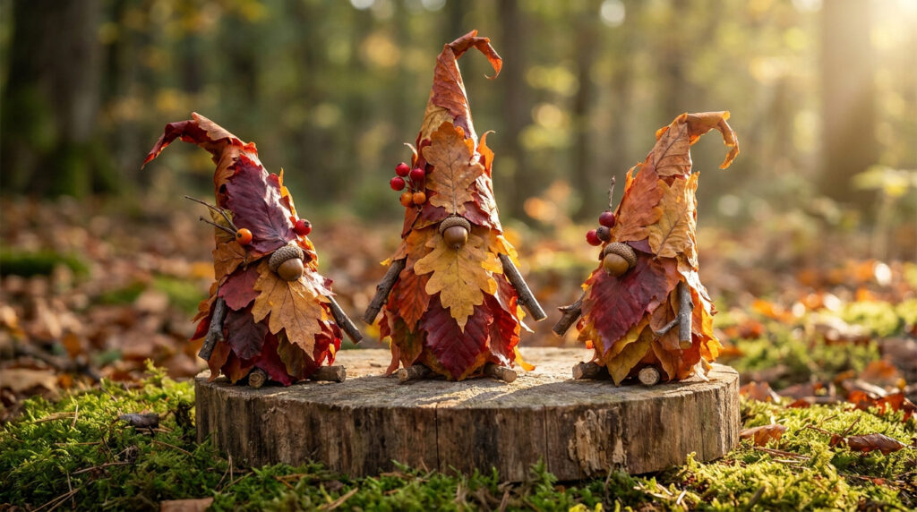 Bricolage d’automne : créez vos lutins en feuilles mortes Trois petits lutins créés avec des feuilles d'automne, des glands et des brindilles sur une souche en forêt.