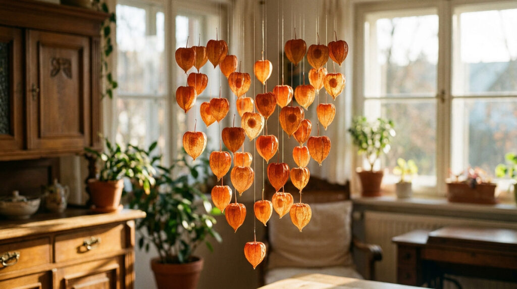 Comment fabriquer un mobile en physalis pour sa décoration Mobile décoratif composé de nombreuses lanternes de physalis orange suspendues devant une fenêtre ensoleillée.