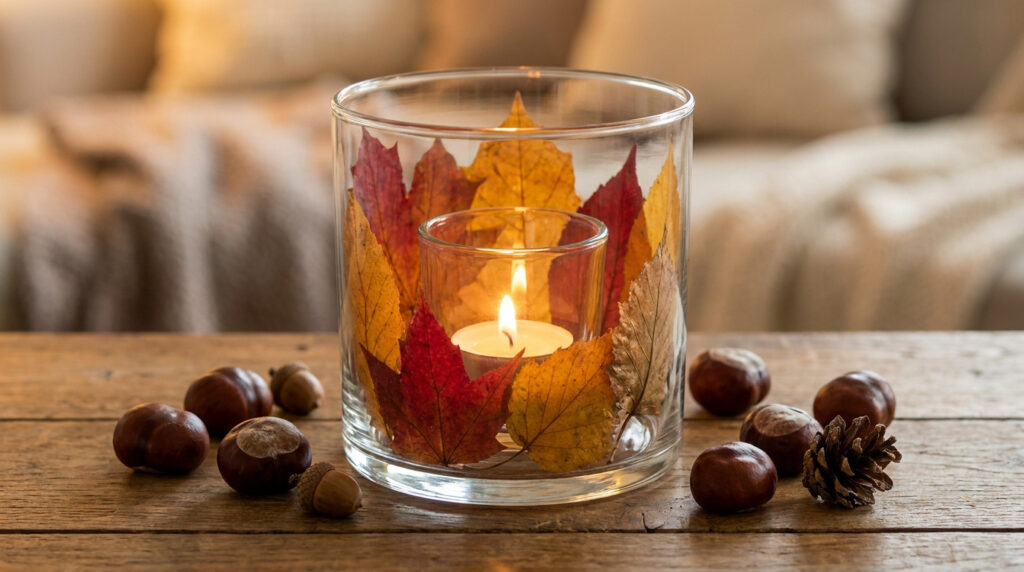 Créer un photophore automne naturel sécurisé sans colle Photophore en verre décoré de feuilles d'automne entourant une bougie, posé sur une table en bois avec des châtaignes.