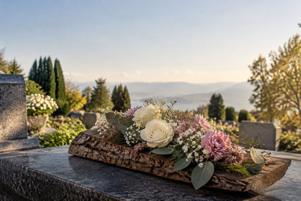 Arrangement floral naturel pour tombe sur planche ou écorce : guide Un arrangement de roses blanches et fleurs roses sur une planche d'écorce posée sur une pierre tombale en extérieur.